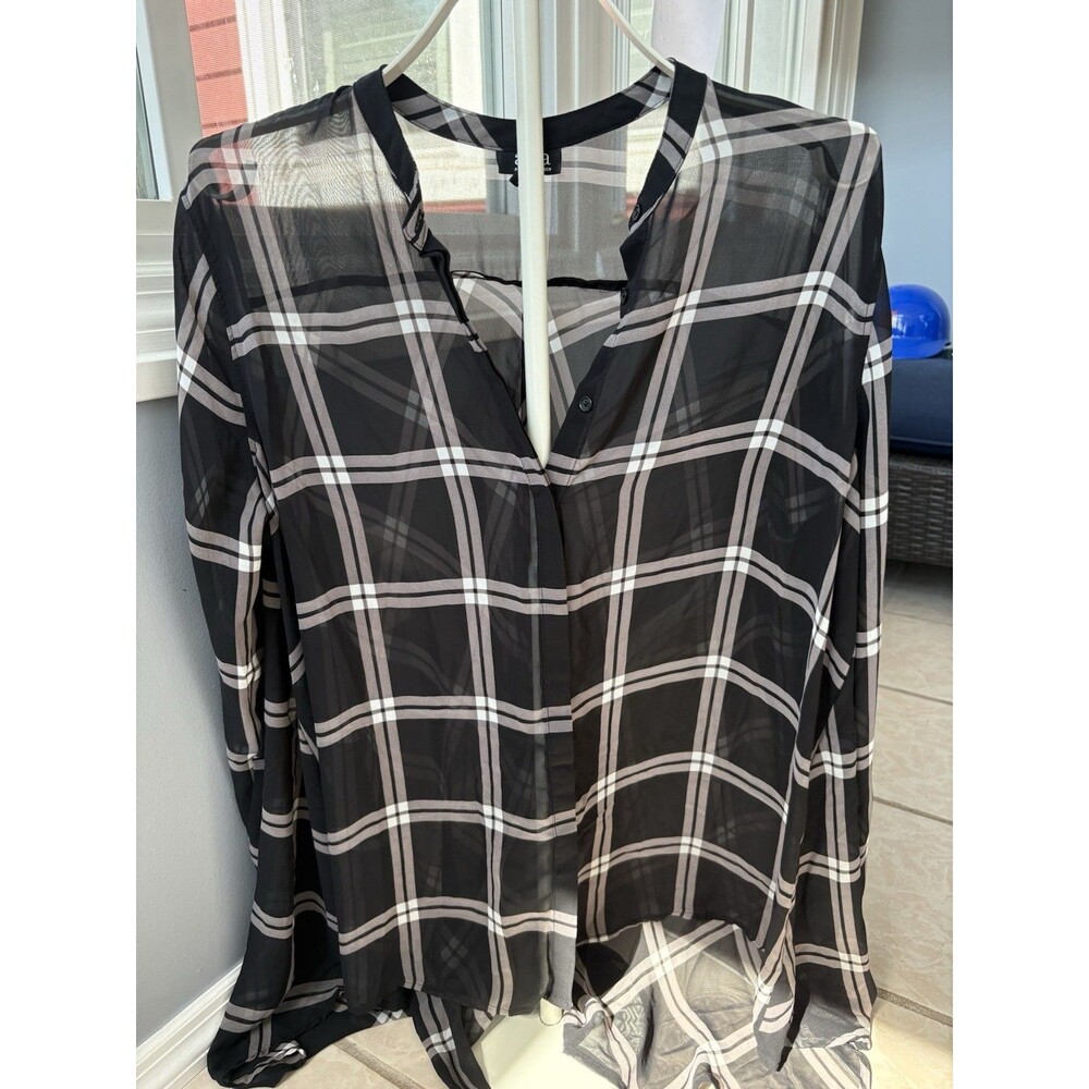 a.n.a Black and White Sheer High Low Hem Plaid Button Up Blouse XL
